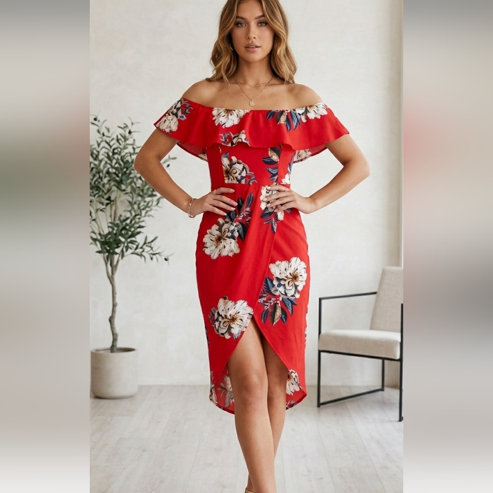 Off Shoulder Form Fitting Floral Petal summer dress size M